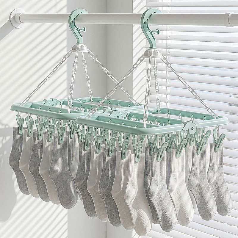 Sock Organizer Tray - ราวตากผ้าพลาสติกอเนกประสงค์แบบพับได้สำหรับเด็ก พร้อมคลิปหนีบถุงเท้าเด็กและราวตากผ้ากันลม