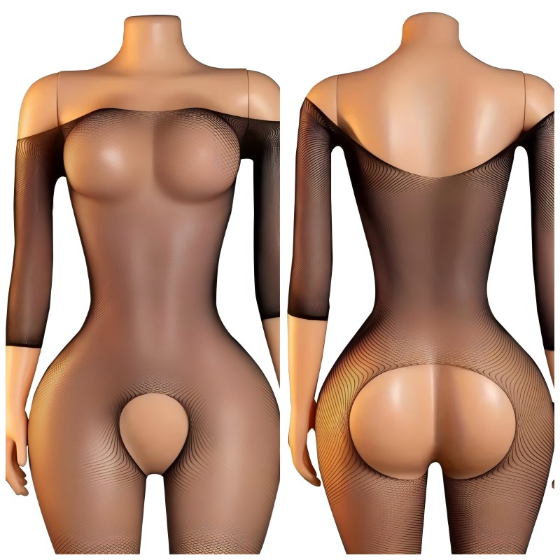Fishnet Stocking Women - ถุงน่องตาข่ายรัดรูปเซ็กซี่สำหรับผู้หญิง สีดำ แบบเปิดเป้า ชุดบอดี้สต็อกกิ้งวาบหวิว ชุดชั้นในตาข่าย ถุงน่องแบบเต็มตัว