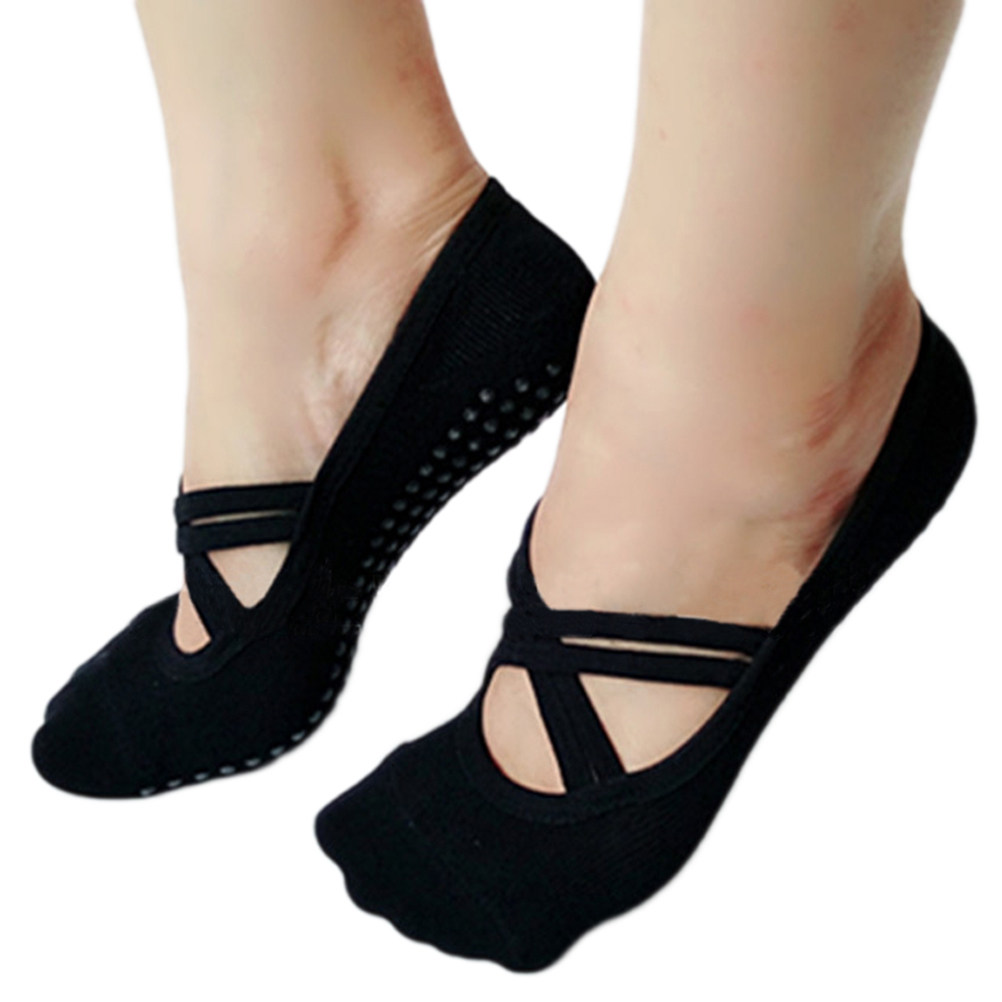 Grip Sock Yoga - ถุงเท้าโยคะสำหรับผู้หญิง สีดำ กันลื่น สำหรับพิลาทิส เต้นรำ ทรงต่ำ