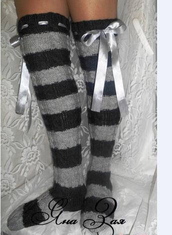 Thigh High Sock Stay Up - ถุงน่องถักยาวถึงต้นขาสำหรับผู้หญิง ถุงเท้านุ่ม ยืดหยุ่น อุ่น ลายทาง สำหรับฤดูหนาว